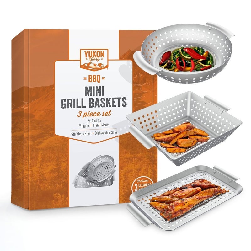 Yukon Glory 3-Piece Mini Grill Basket Set, Perforated Stainless Steel Vegetable BBQ Baskets With Grill Pan Topper, Square & Round, Dishwasher Safe - Image 1